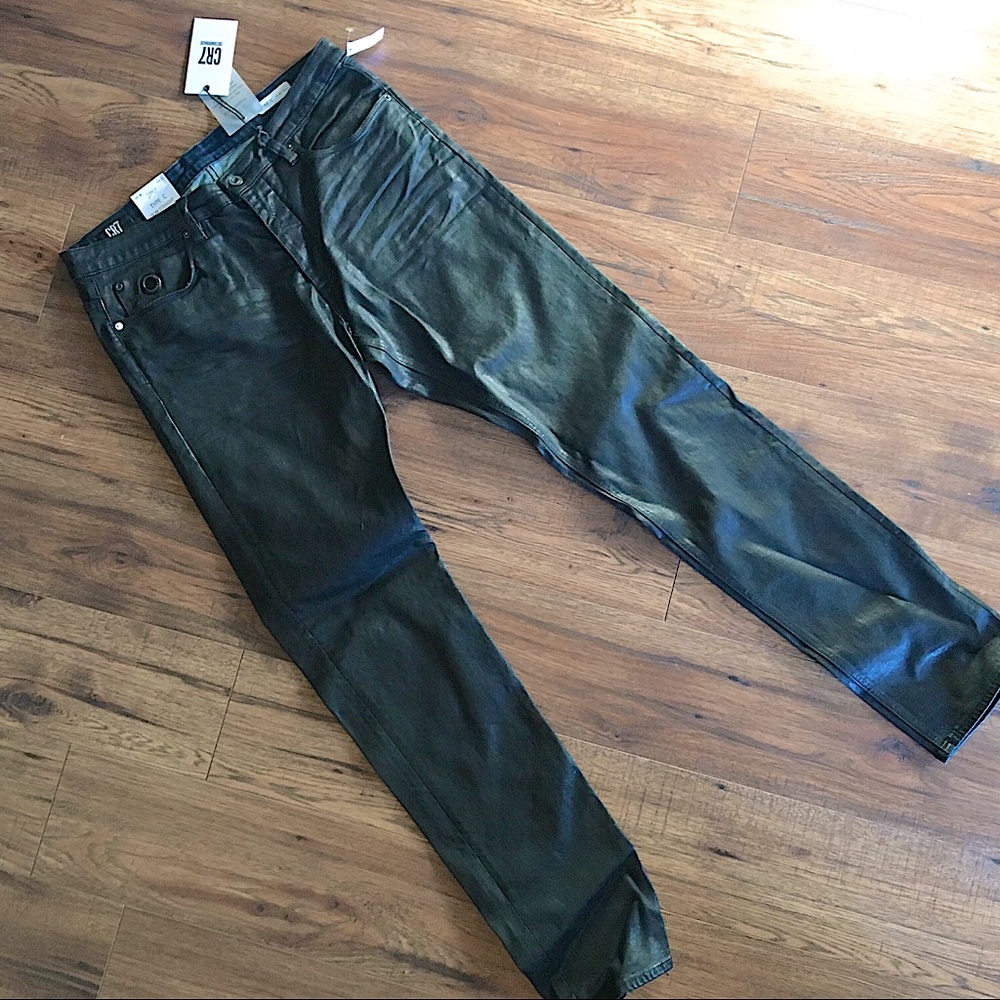 Coated stretch denim jeans, black leather look
